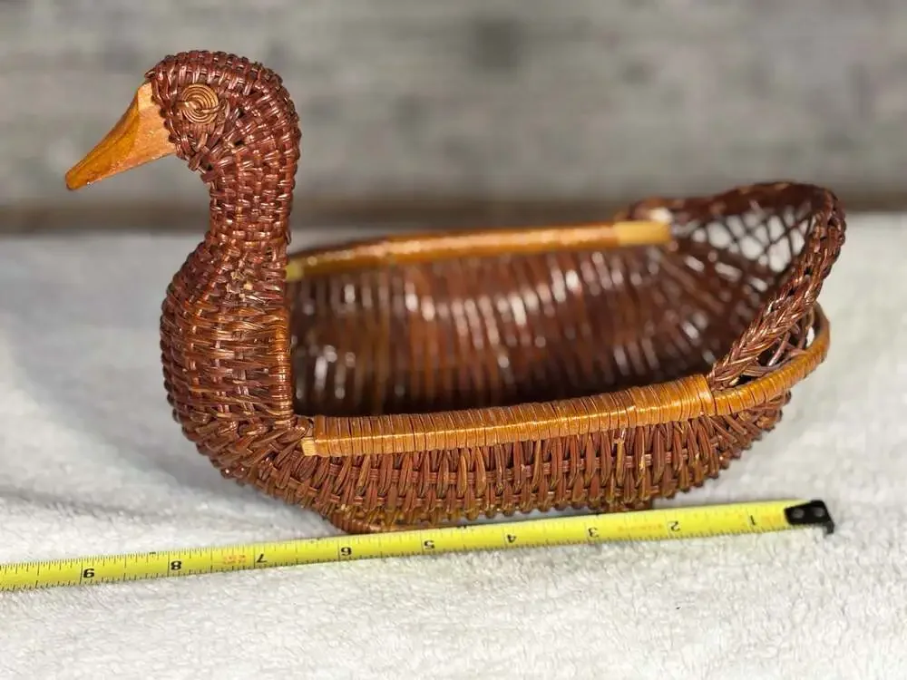 Vintage Hand-Woven Wicker Duck Basket with Carved Wooden Beak